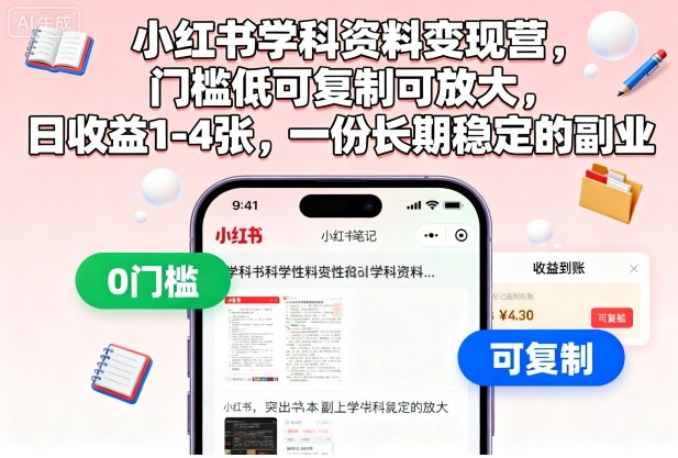 小红书学科资料变现营，门槛低可复制可放大，日收益1-4张，一份长期稳定的副业-好耶资源