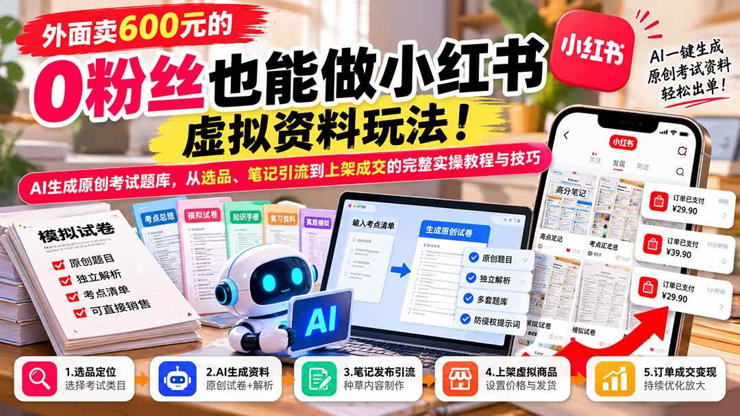 （21181期）外面卖600元的 零粉丝也能做小红书虚拟资料玩法！AI生成原创考试题库，从选品、笔记引流到上架成交的完整实操教程-好耶资源