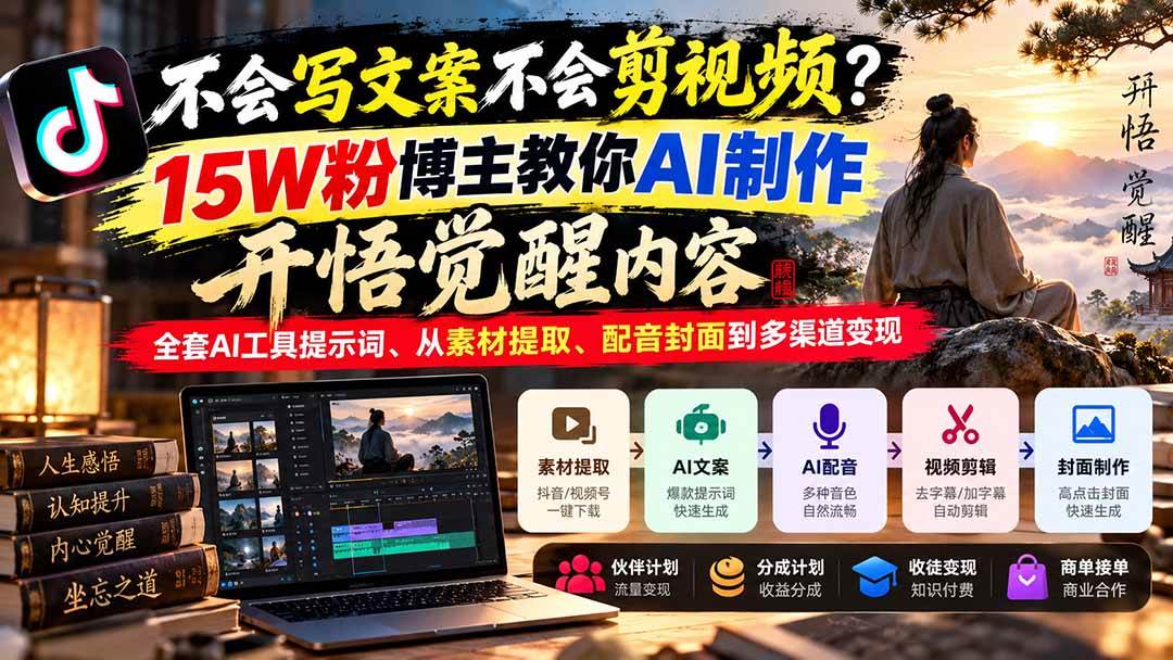 (21085期)不会写文案不会剪视频?15W粉博主教你AI制作开悟觉醒内容,全套AI工具提示词、从素材提取、配音封面到多渠道变现-好耶资源
