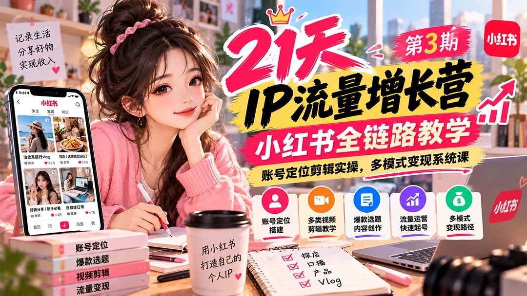 (20992期)【无水印】21天IP流量增长营-第3期,小红书全链路教学,账号定位剪辑实操,多模式变现系统课-好耶资源