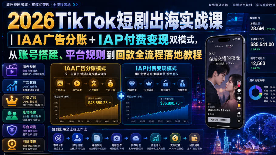 2026TikTok短剧出海实战课|IAA广告分账+IAP付费变现双模式,从账号搭建、平台规则到回款全流程落地教程-好耶资源