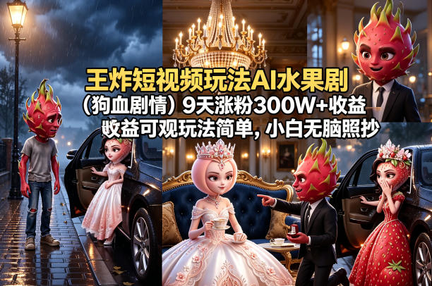 王炸短视频玩法AI水果剧(狗血剧情)9天涨粉300W+收益可观玩法简单，小白无脑照抄，详细拆解玩法-好耶资源