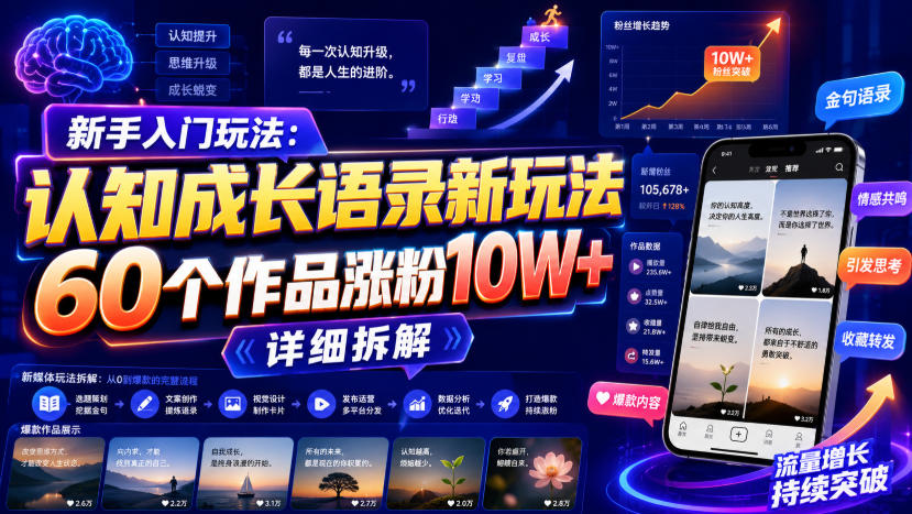 新手入门玩法:认知成长语录新玩法,60个作品涨粉10W+,详细拆解-好耶资源