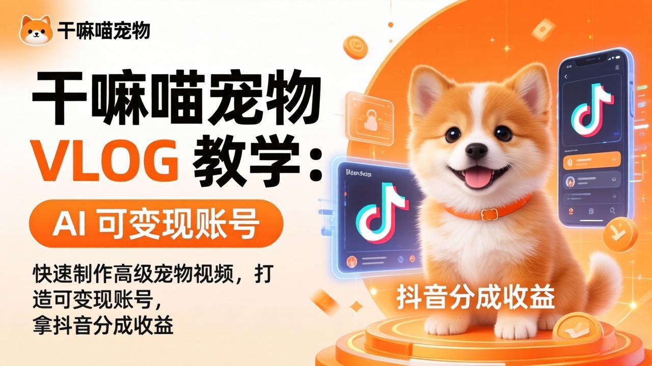 干嘛喵宠物 VLOG 教学：AI 快速制作高级宠物视频，打造可变现账号，拿抖音分成收益-好耶资源