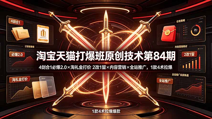淘宝天猫打爆班原创技术第84期:4剑合1必爆2.0×淘礼金打价×2改1留×内容营销×全站推广,1款4术拉爆-好耶资源