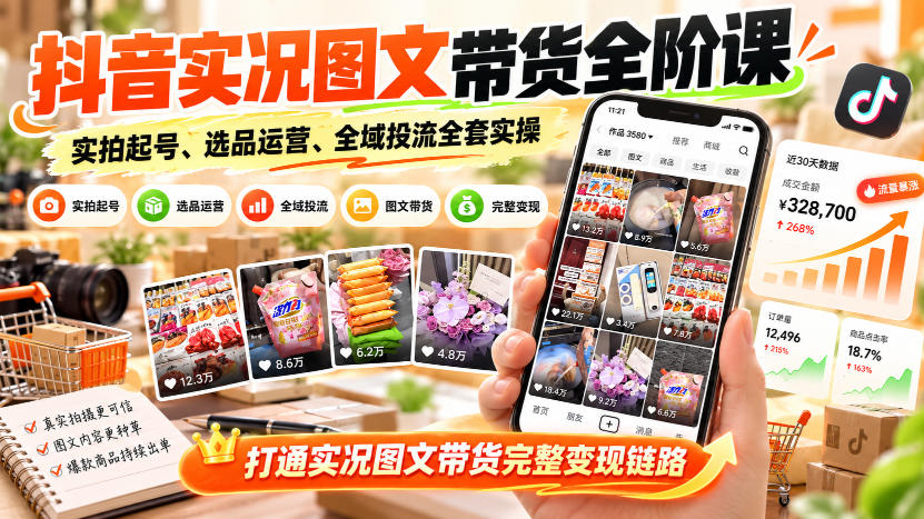 抖音实况图文带货全阶课｜实拍起号、选品运营、全域投流全套实操，打通实况图文带货完整变现链路-好耶资源