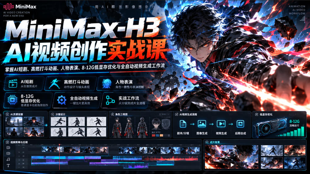 MiniMax-H3 AI视频创作实战课,掌握AI短剧、高燃打斗动画、人物表演、8-12G低显存优化与全自动视频生成工作流-好耶资源