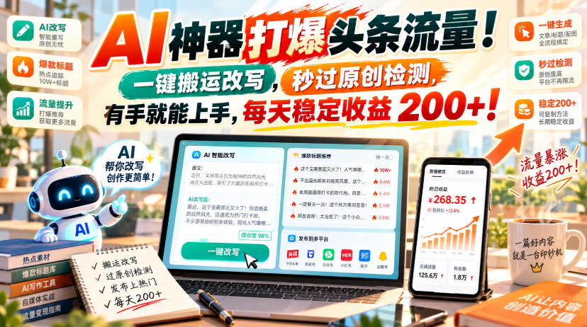 AI神器打爆头条流量，一键搬运改写，秒过原创检测，有手就能上手，每天稳定收益200+！【揭秘】-好耶资源