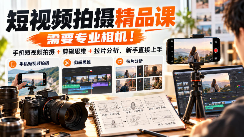 短视频拍摄精品课,需要专业相机!手机短视频拍摄+剪辑思维+拉片分析,新手直接上手-好耶资源