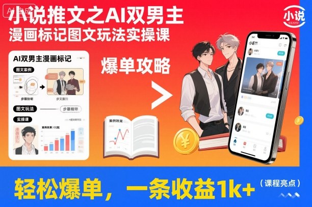 小说推文之AI双男主漫画标记图文玩法实操课，轻松爆单，一条收益1k+-好耶资源