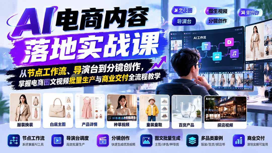 (21136期)AI电商内容落地实战课:从节点工作流、导演台到分镜创作,掌握电商图文视频批量生产与商业交付全流程教学-好耶资源