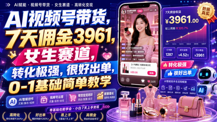 AI视频号带货，7天佣金3961，女生赛道，转化极强，很好出单，0-1基础简单教学-好耶资源