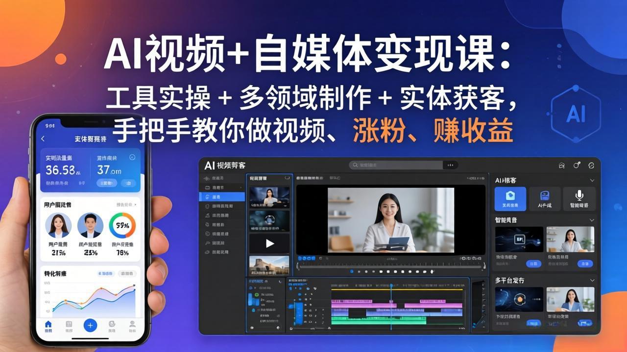 AI视频+自媒体变现课：工具实操 + 多领域制作 + 实体获客，手把手教你做视频、涨粉、赚收益-好耶资源
