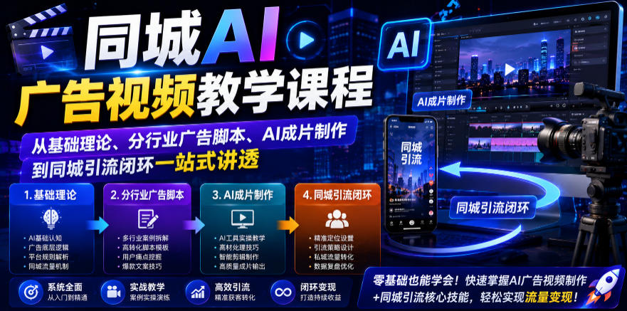 同城AI广告视频教学课程,从基础理论、分行业广告脚本、AI成片制作到同城引流闭环一站式讲透-好耶资源