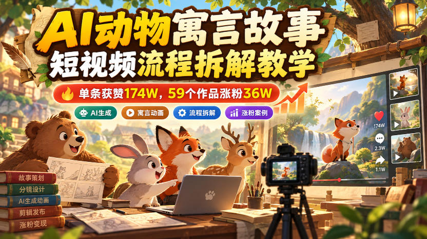 AI动物寓言故事短视频流程拆解教学，单条获赞174W，59个作品涨粉36W-好耶资源