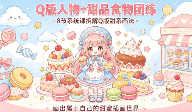 Q版人物+甜品食物团练，8节系统课拆解Q版甜系画法，画出属于自己的甜蜜插画世界-好耶资源
