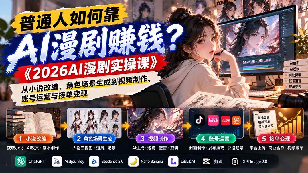 (21173期)普通人如何靠AI漫剧赚钱?《2026AI漫剧实操课》从小说改编、角色场景生成到视频制作、账号运营与接单变现-好耶资源