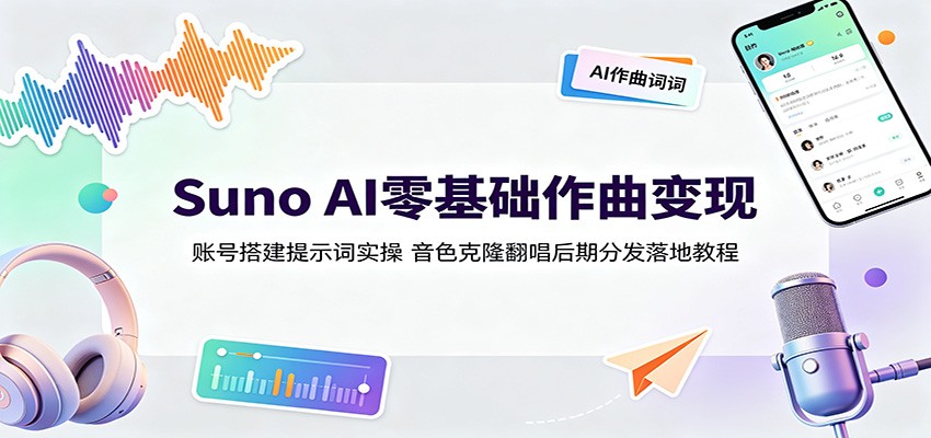Suno AI零基础作曲变现:账号搭建提示词实操,音色克隆翻唱后期分发落地教程-好耶资源