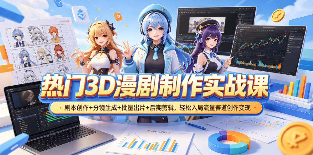 热门3D漫剧制作实战课,剧本创作+分镜生成+批量出片+后期剪辑,轻松入局流量赛道创作变现-好耶资源
