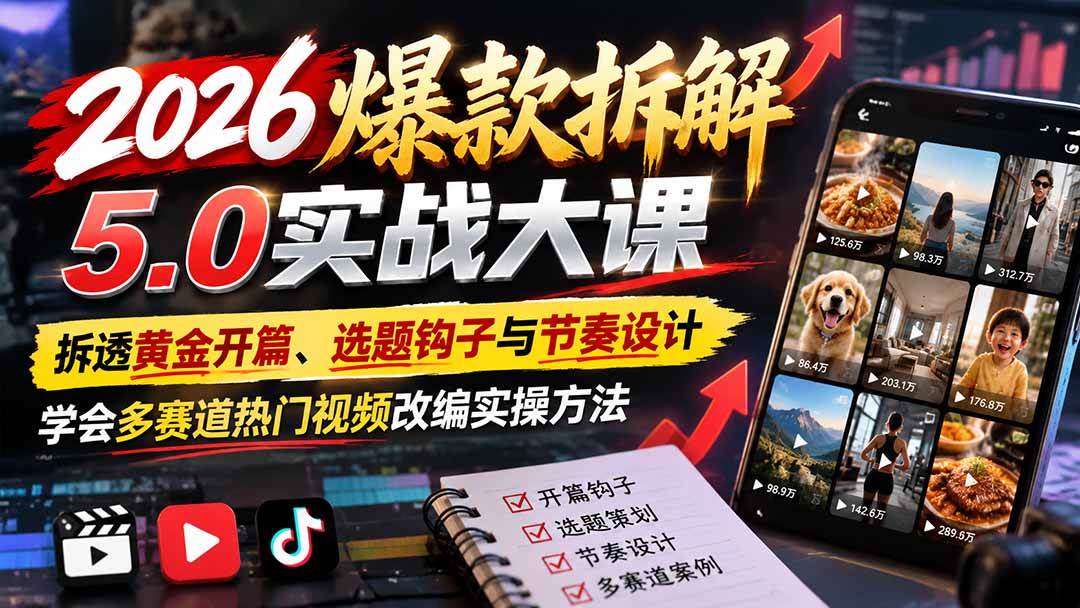 (21110期)2026爆款拆解5.0实战大课:拆透黄金开篇、选题钩子与节奏设计,学会多赛道热门视频改编实操方法-好耶资源