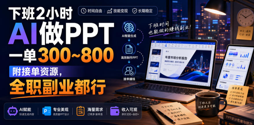 下班2小时AI做PPT，一单300~800，附接单资源，全职副业都行【揭秘】-好耶资源
