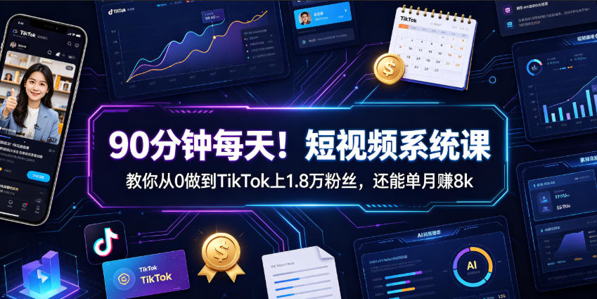 90分钟每天！短视频系统课教你从0做到TikTok上1.8万粉丝，还能单月賺8k【原创双语字幕】-好耶资源