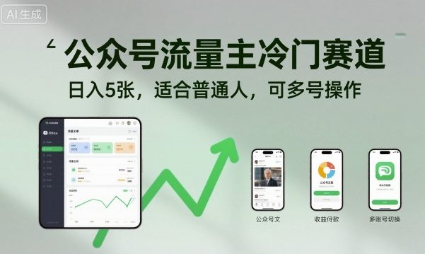公众号流量主冷门赛道，日入5张，适合普通人，可多号操作-好耶资源