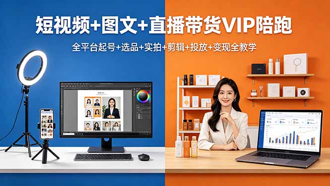 短视频+图文+直播带货VIP陪跑，全平台起号+选品+实拍+剪辑+投放+变现全教学-好耶资源