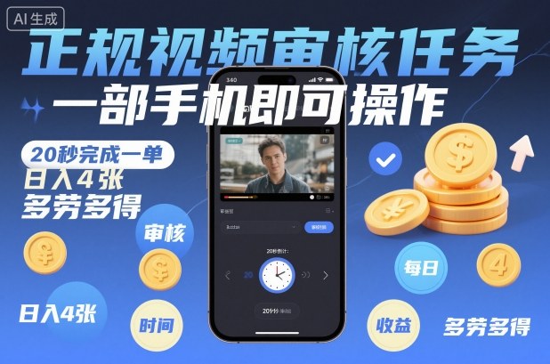 正规视频审核任务，一部手机即可操作，20秒完成一单，日入4张，多劳多得【揭秘】-好耶资源