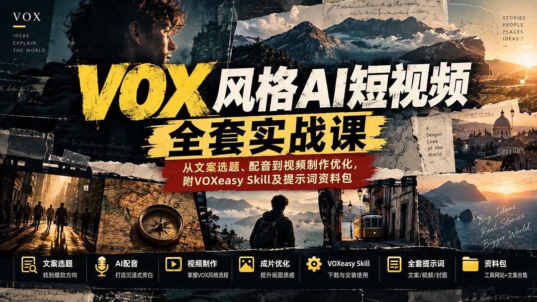 (20677期)【无水印】VOX风格AI短视频全套实战课:从文案选题、配音到视频制作优化,附VOXeasy Skill及提示词资料包-好耶资源
