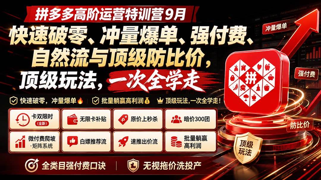 （20155期）拼多多高阶运营特训营9月：快速破零、冲量爆单、强付费、自然流与顶级防比价， 顶级玩法，一次全学走-好耶资源