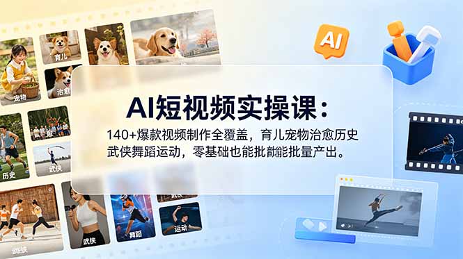 AI短视频实操课:140+爆款视频制作全覆盖,育儿宠物治愈历史武侠舞蹈运动,零基础也能批量产出-好耶资源