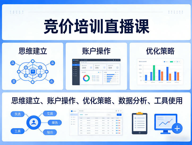 竞价培训直播课，覆盖思维建立、账户操作、优化策略、数据分析、工具使用等，全方位提升效果-好耶资源