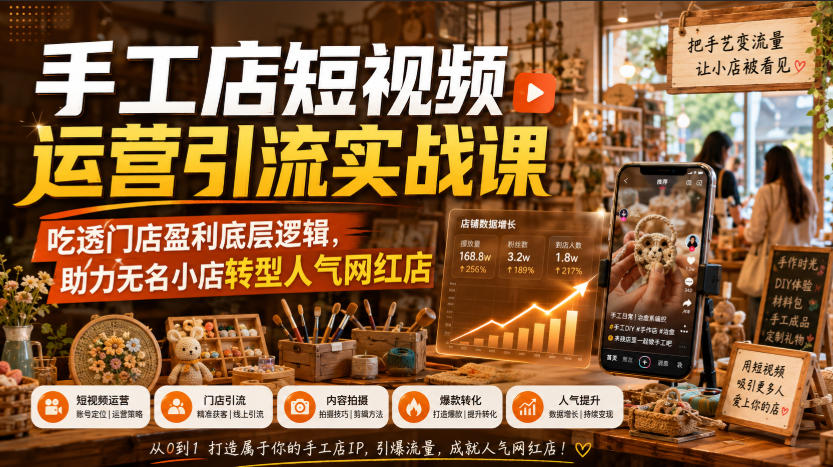 手工店短视频运营引流实战课，吃透门店盈利底层逻辑，助力无名小店转型人气网红店-好耶资源