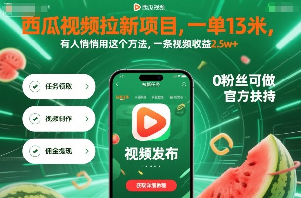 西瓜视频拉新项目，一单13米，有人悄悄用这个方法，一条视频收益2.5w+(附详细教程)-好耶资源