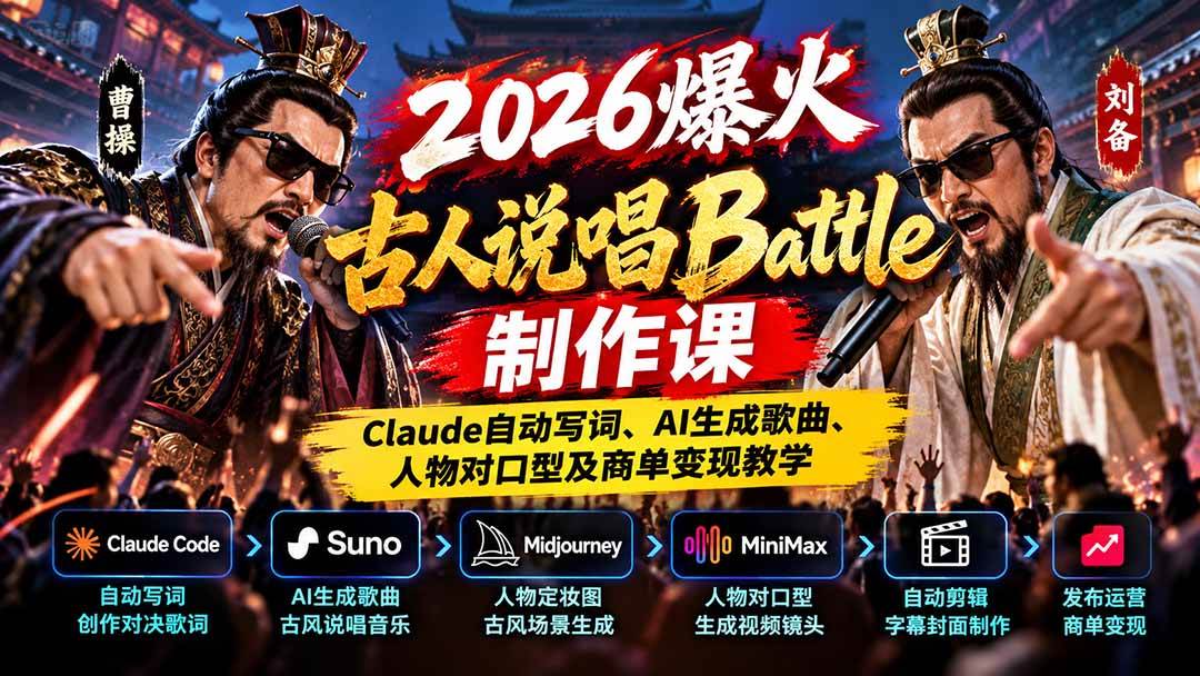 (21059期)2026爆火古人说唱Battle制作课:Claude自动写词、AI生成歌曲、人物对口型及商单变现教学-好耶资源