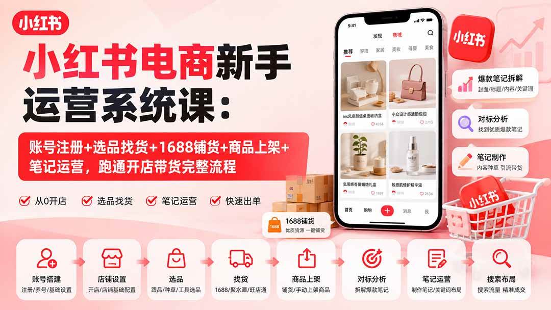 （20319期）小红书电商新手运营系统课：账号注册+选品找货+1688铺货+商品上架+笔记运营，跑通开店带货完整流程