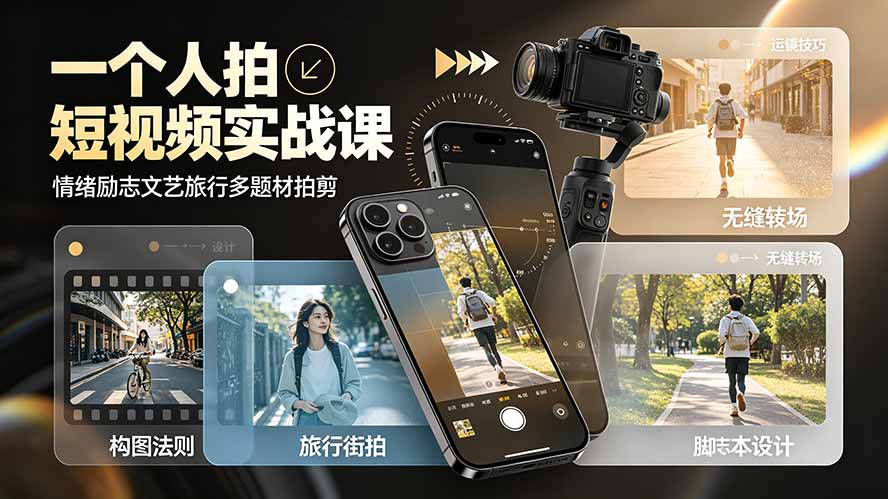 一个人拍短视频实战课：情绪励志文艺旅行多题材×五大景别×黄金构图×八大运镜，从拍摄到成片高效创作-好耶资源