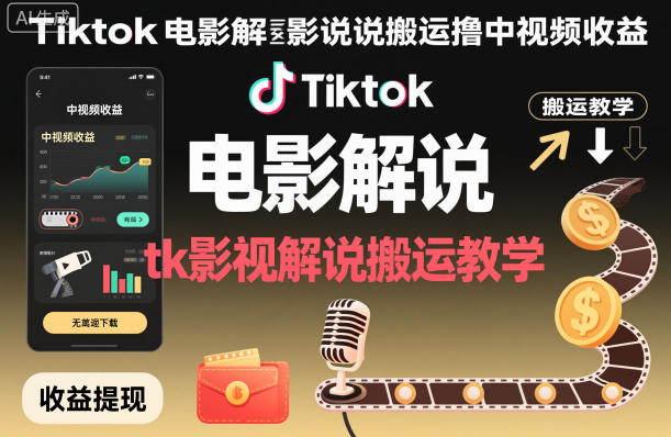 Tiktok电影解说搬运撸中视频收益，tk影视解说搬运教学-好耶资源