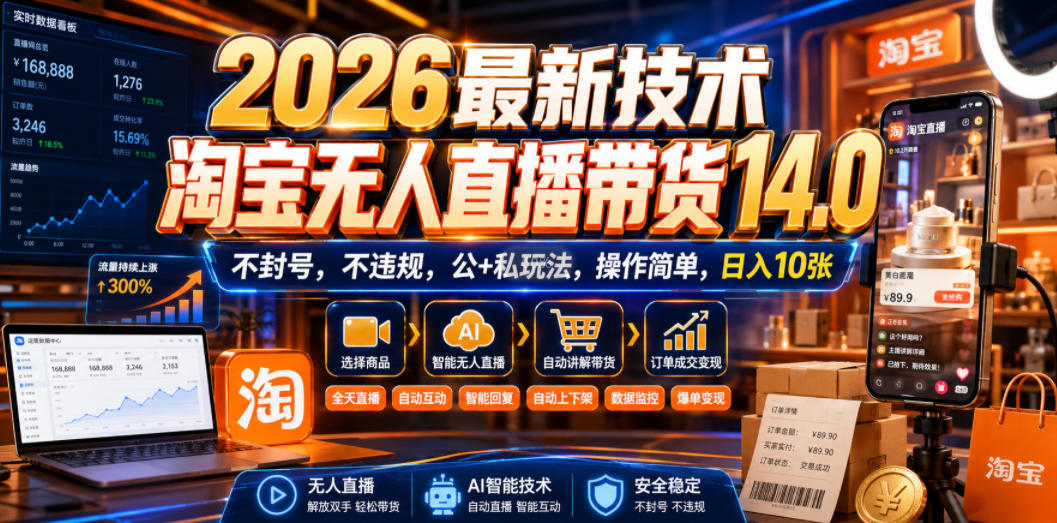 2026最新技术，淘宝无人直播带货14.0，不封号，不违规，公+私玩法，操作简单，日入10张【揭秘】-好耶资源