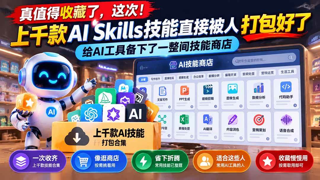 (21096期)真值得收藏了,这次!上千款AI Skills技能直接被人打包好了,给AI工具备下了一整间技能商店-好耶资源