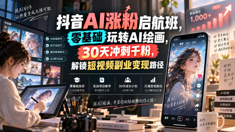 抖音AI涨粉启航班，零基础玩转AI绘画，30天冲刺千粉，解锁短视频副业变现路径-好耶资源