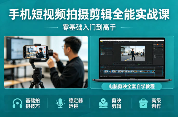 手机短视频拍摄剪辑全能实战课：零基础入门到高手，稳定器运镜+电脑剪映全套自学教程-好耶资源