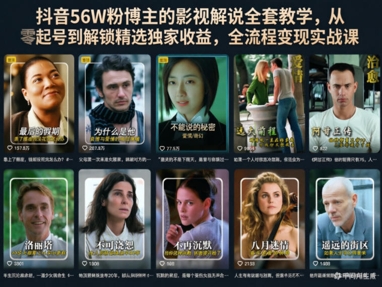 抖音56W粉博主的影视解说全套教学，从零起号到解锁精选独家收益，全流程变现实战课-好耶资源