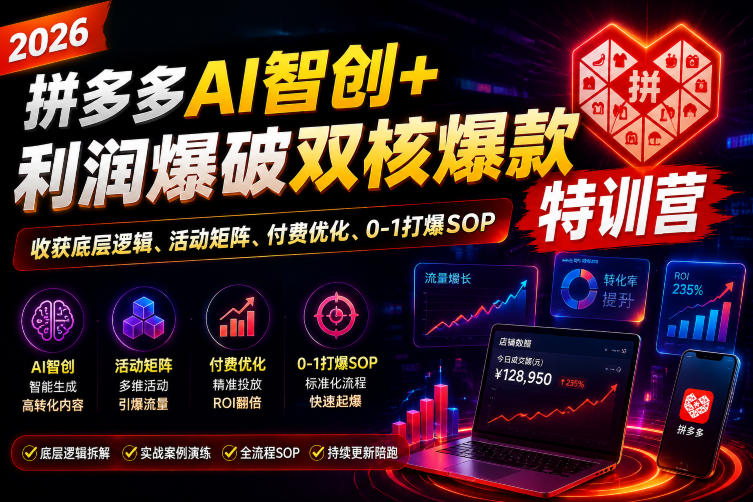 2026拼多多AI智创+利润爆破双核爆款特训营，收获底层逻辑、活动矩阵、付费优化、0-1打爆SOP-好耶资源