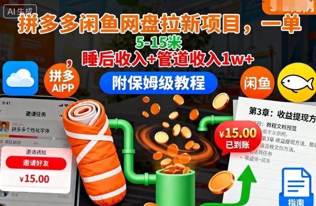 拼多多闲鱼网盘拉新项目，一单5-15米，睡后收入+管道收入1w+(附保姆级教程)-好耶资源