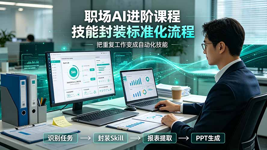 职场AI进阶课程；多类实用Skill工具实操，专属技能封装标准化流程，报表行业报告一键提取核心内容-好耶资源