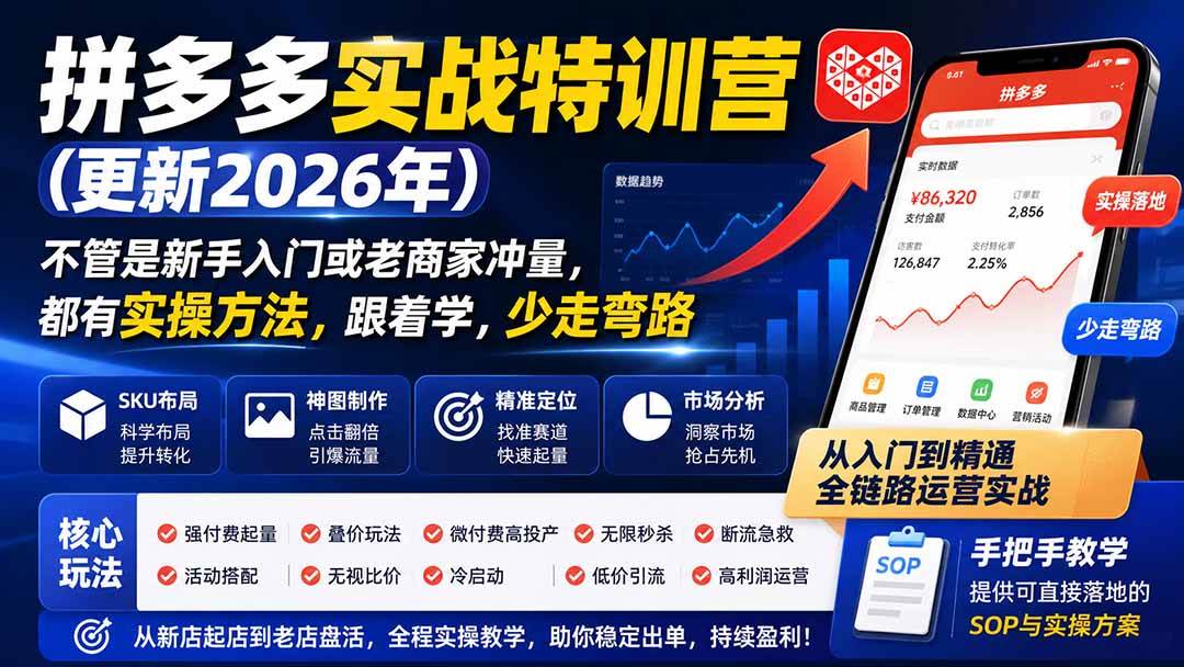 （20280期）拼多多实战特训营(更新26年9月)：不管是新手入门或老商家冲量，都有实操方法，跟着学，少走弯路