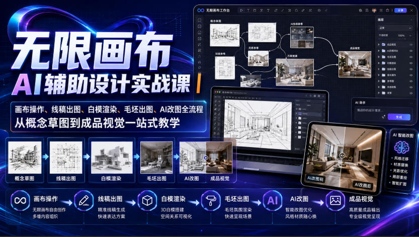 无限画布AI辅助设计实战课|画布操作、线稿出图、白模渲染、毛坯出图、AI改图全流程,从概念草图到成品视觉一站式教学-好耶资源