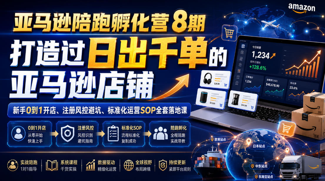 亚马逊陪跑孵化营8期，打造过日出千单的亚马逊店铺，新手0到1开店、注册风控避坑、标准化运营SOP全套落地课-好耶资源